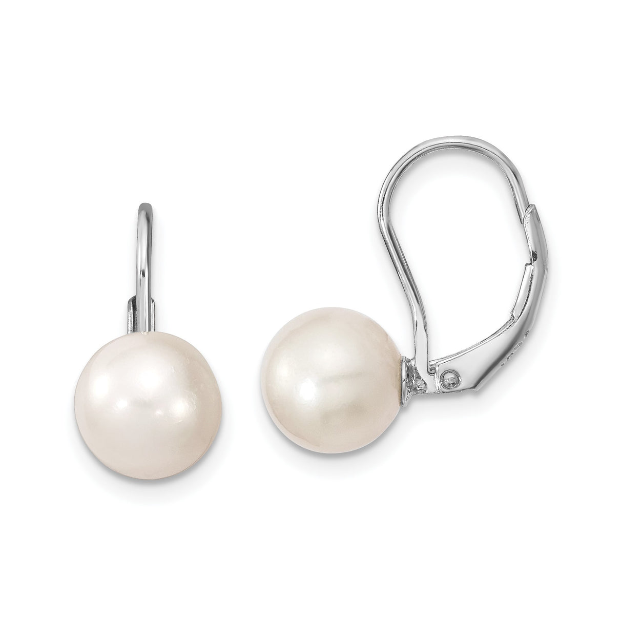 Sterling Silver Leverback Drop Earrings with Round Cultured Pearls, Classic Bridal Style