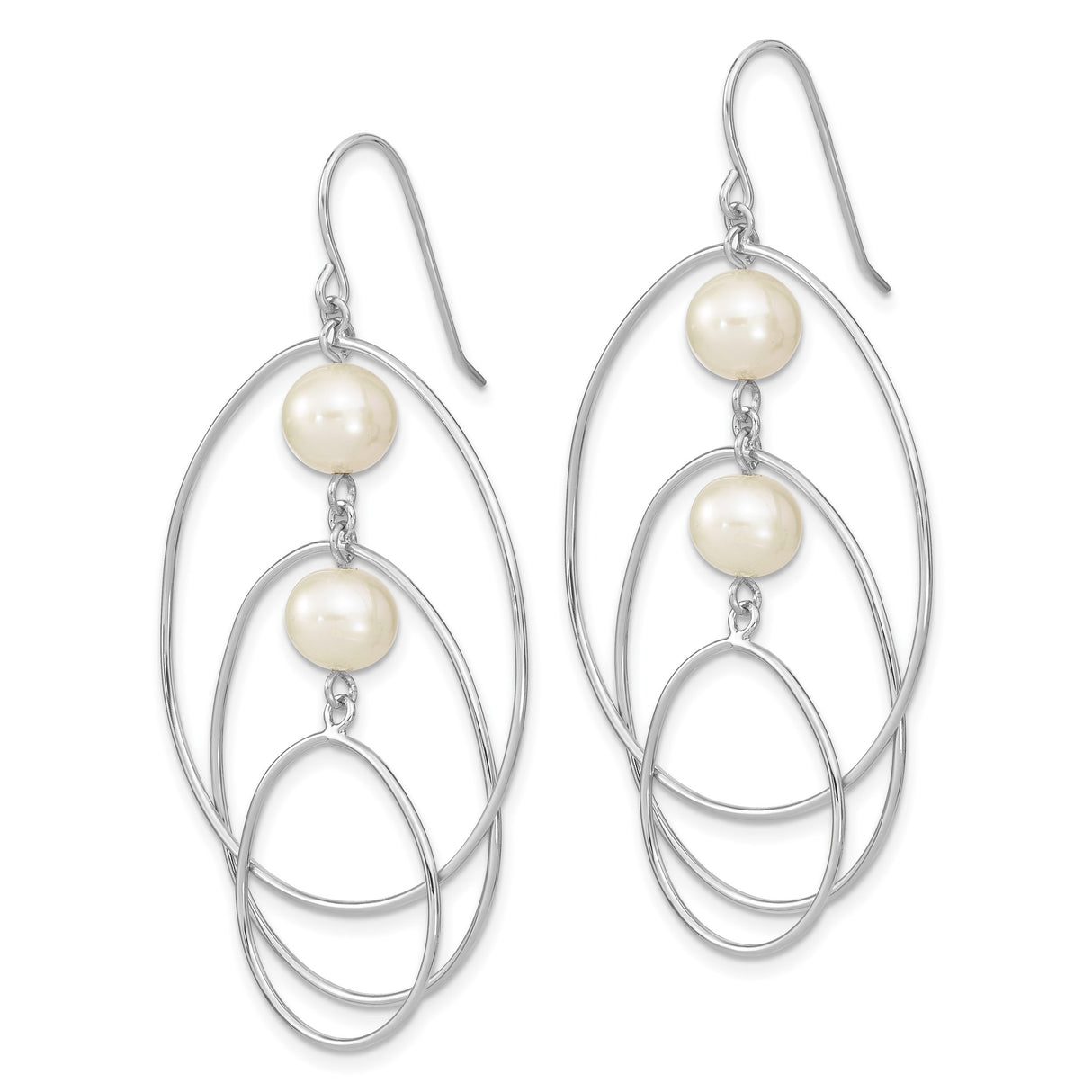 Sterling Silver Dangle Earrings with White Freshwater Cultured Pearls, Triple Oval Hoop Design