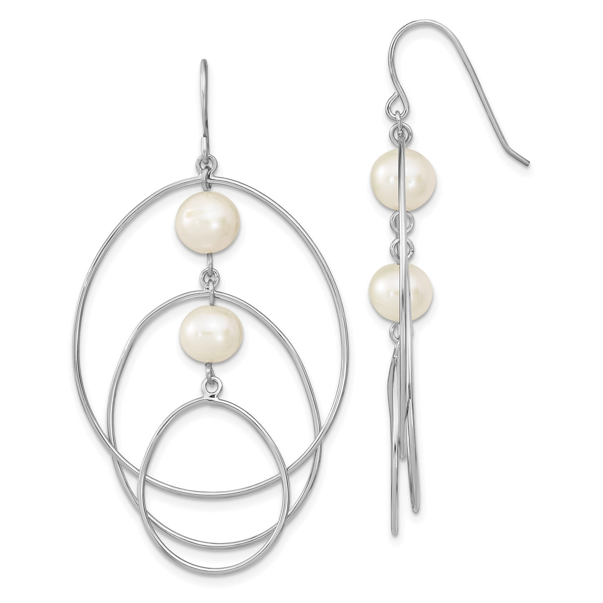 Sterling Silver Dangle Earrings with White Freshwater Cultured Pearls, Triple Oval Hoop Design