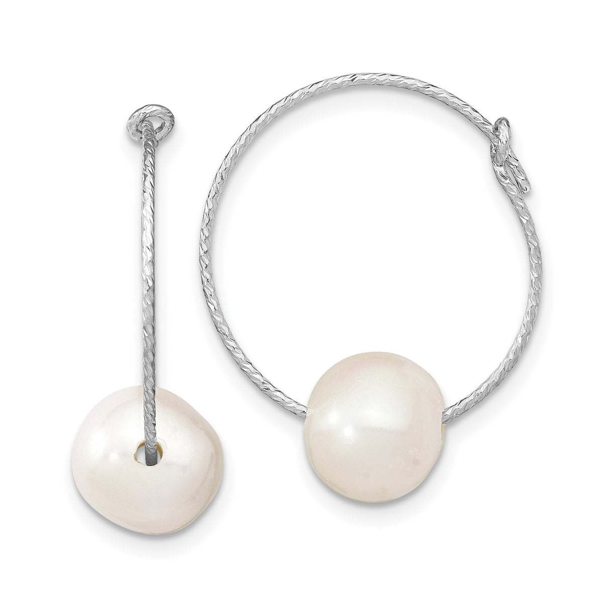 Sterling Silver Hoop Earrings with Natural Freshwater Coin Pearls, Minimalist Textured Design