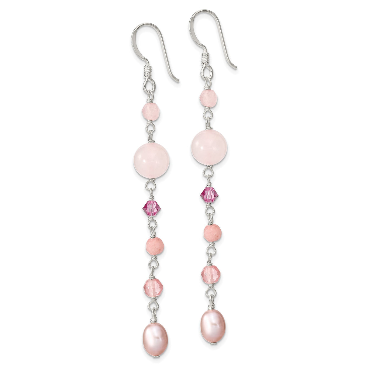 Sterling Silver Dangle Earrings with Pink Freshwater Pearls and Rose Quartz Beads