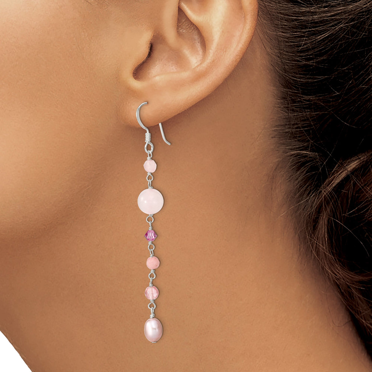 Sterling Silver Dangle Earrings with Pink Freshwater Pearls and Rose Quartz Beads