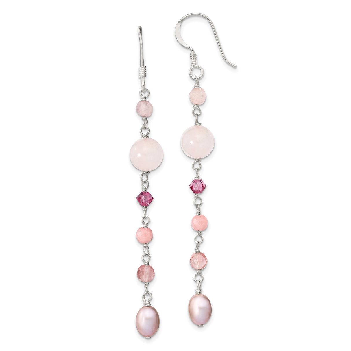 Sterling Silver Dangle Earrings with Pink Freshwater Pearls and Rose Quartz Beads