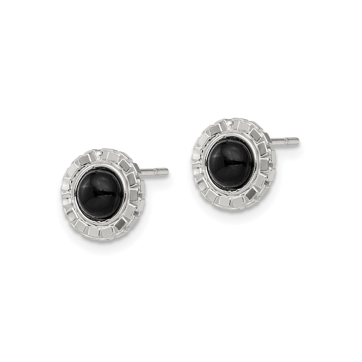 Sterling Silver Stud Earrings with Round Black Onyx, Geometric Bezel Setting, Modern Minimalist Design