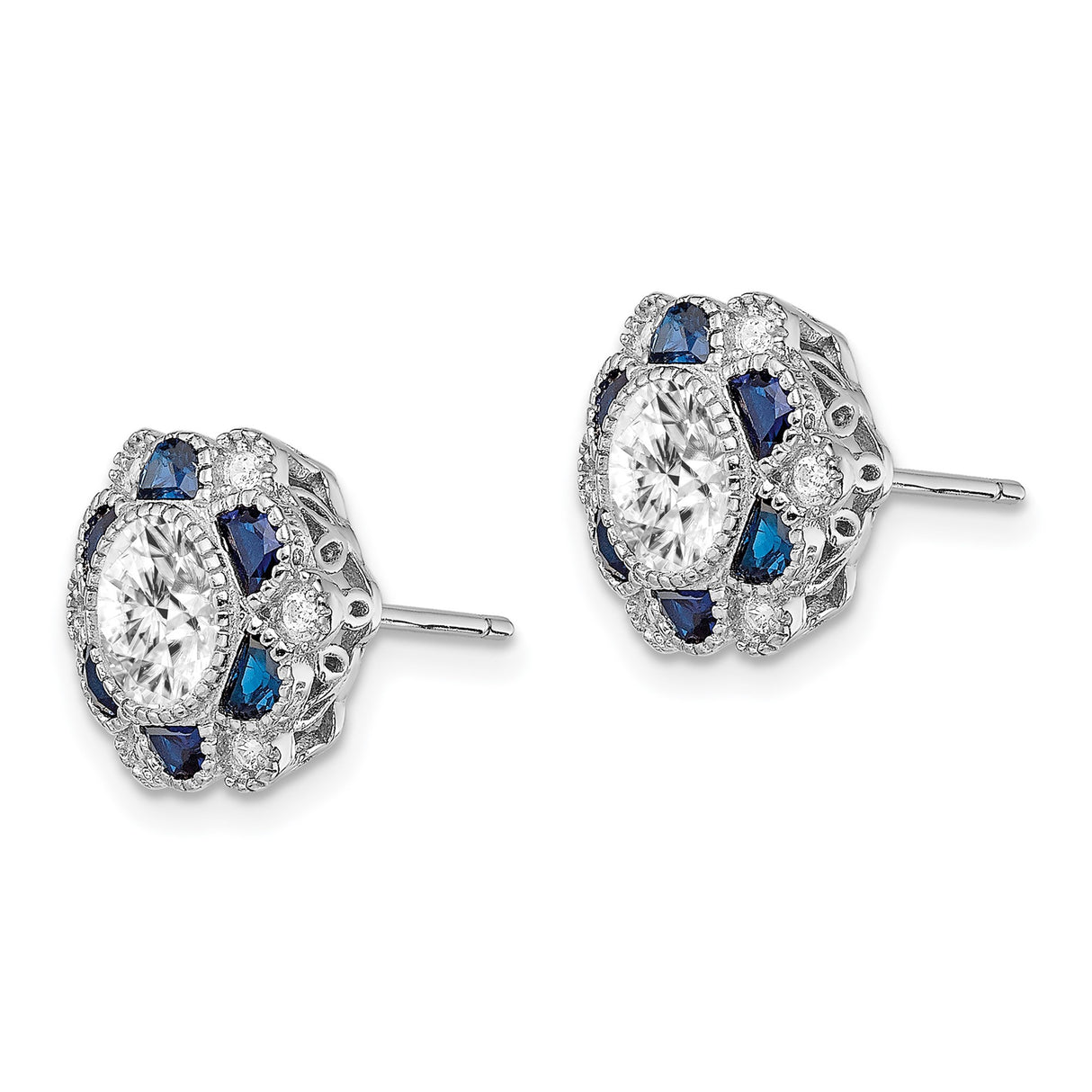 Sterling Silver Floral Stud Earrings with Cubic Zirconia and Blue Spinel Petal Design
