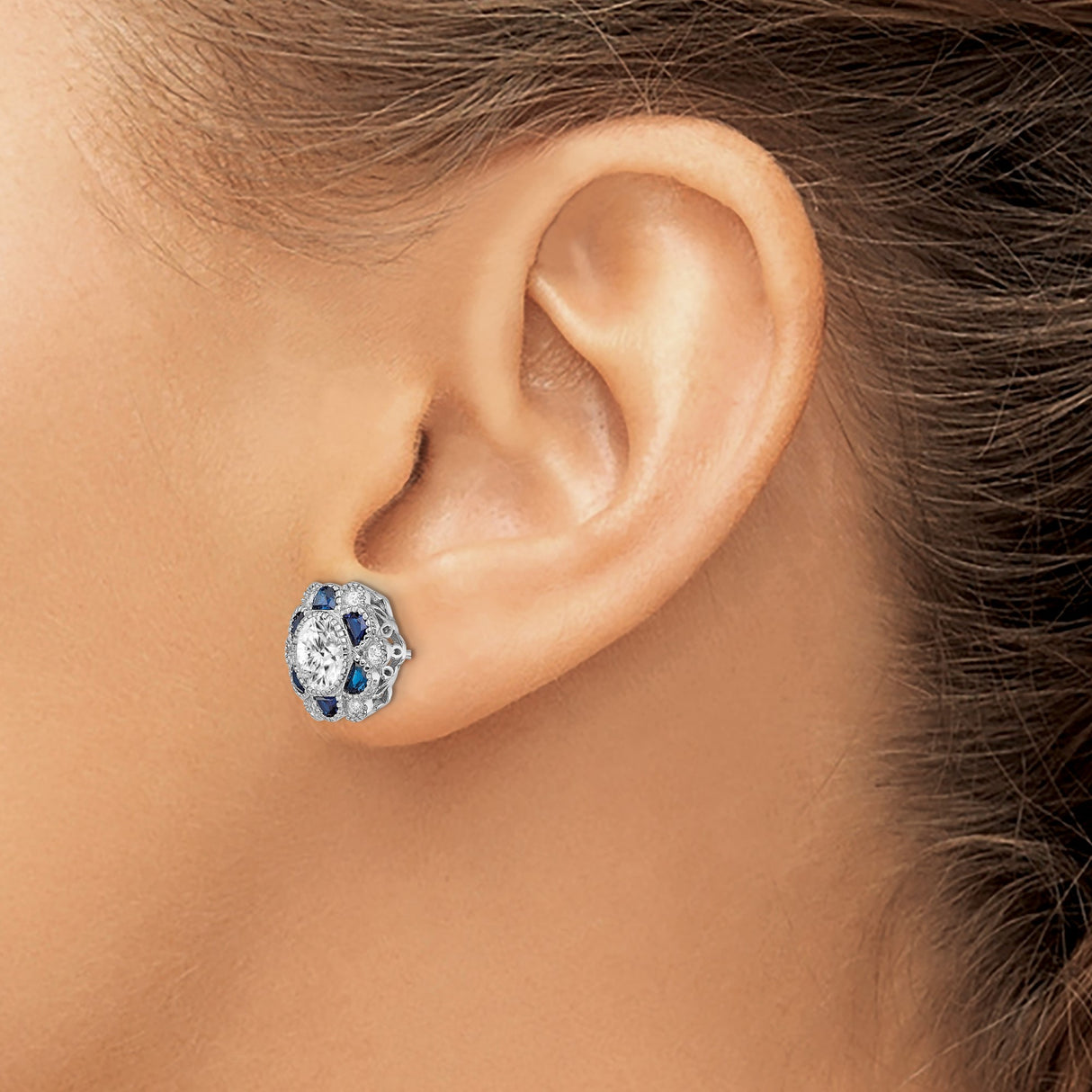 Sterling Silver Floral Stud Earrings with Cubic Zirconia and Blue Spinel Petal Design