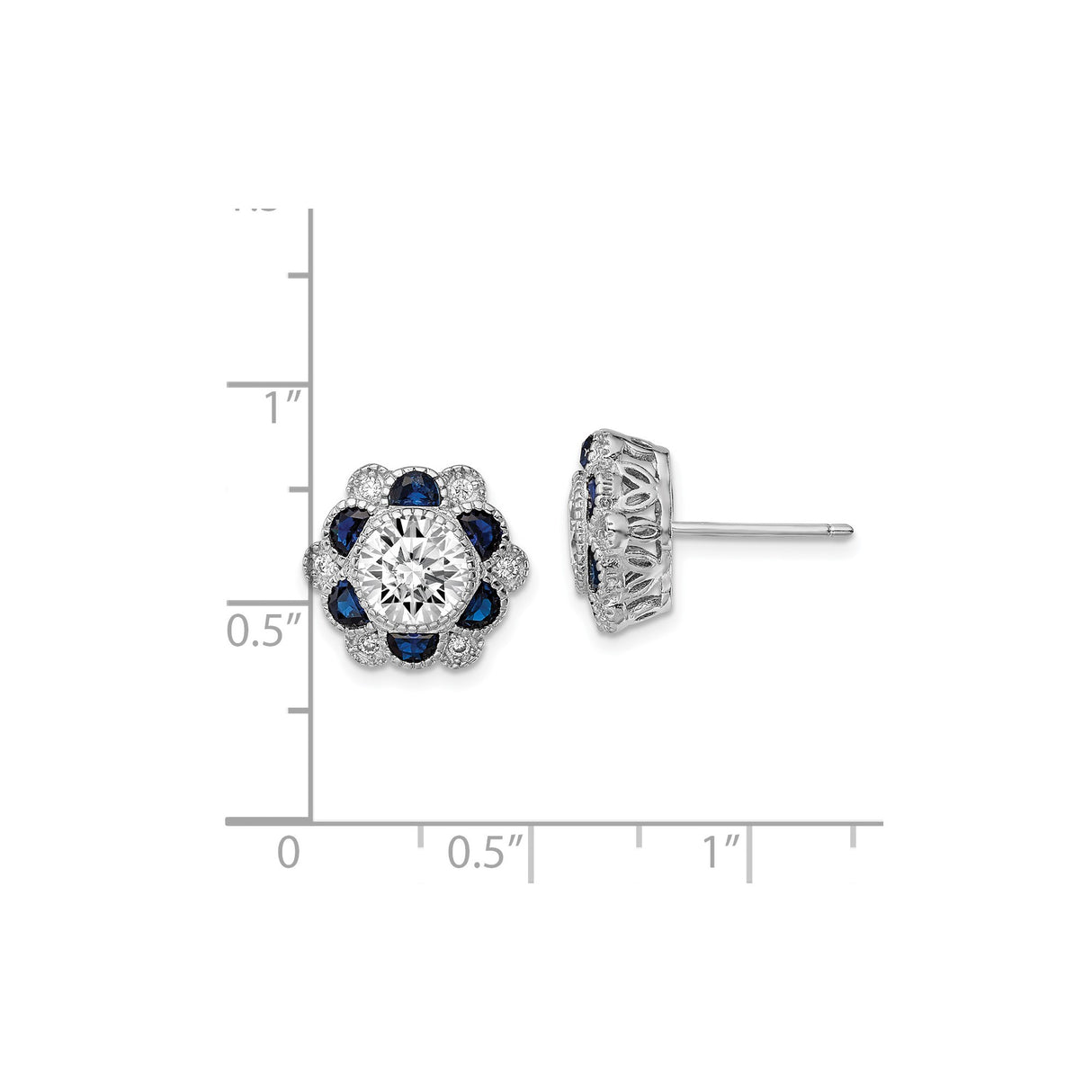 Sterling Silver Floral Stud Earrings with Cubic Zirconia and Blue Spinel Petal Design