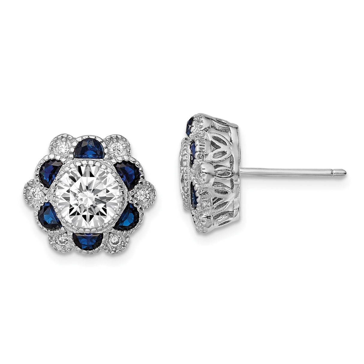 Sterling Silver Floral Stud Earrings with Cubic Zirconia and Blue Spinel Petal Design