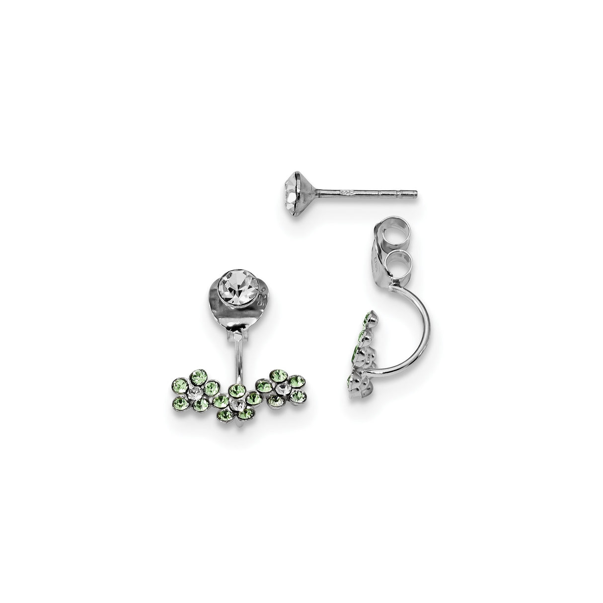 Sterling Silver Stud Earrings with Green and Clear Cubic Zirconia, Daisy Jacket Design