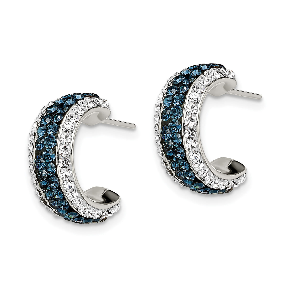 Sterling Silver Hoop Earrings with Triple Row Blue and White Crystals, Modern Round Cut Design