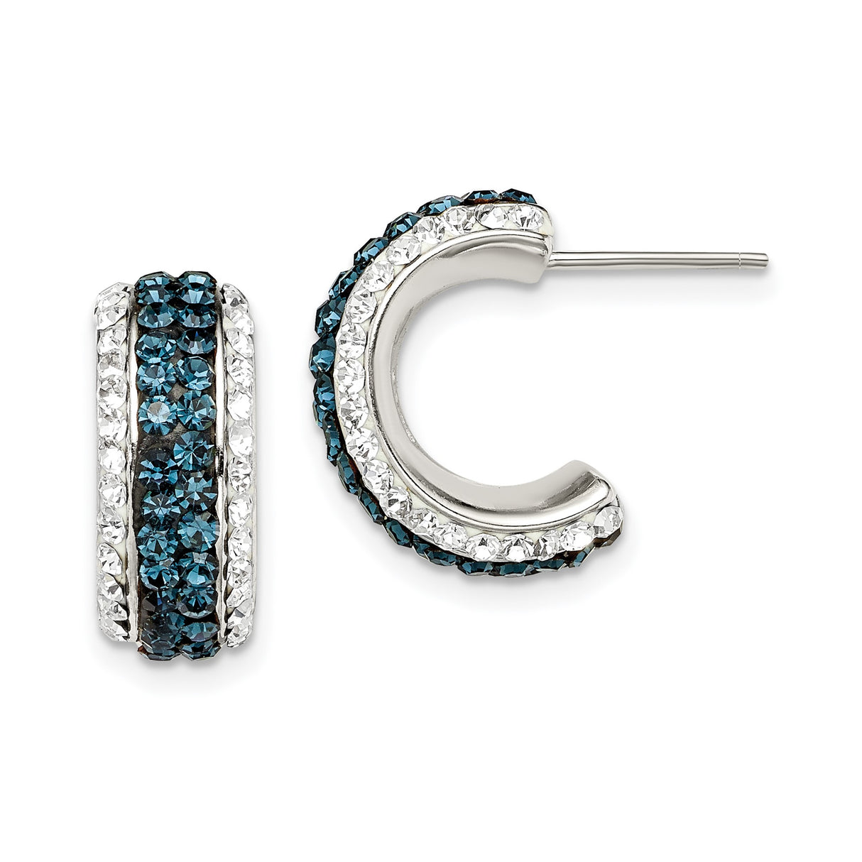 Sterling Silver Hoop Earrings with Triple Row Blue and White Crystals, Modern Round Cut Design
