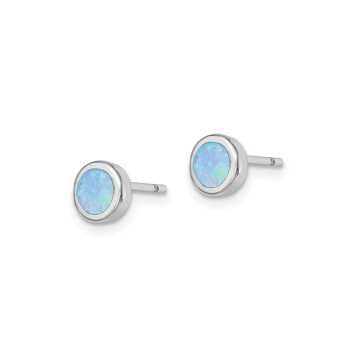 Sterling Silver Stud Earrings with Bezel Set Created Blue Opal, Minimalist Round Design