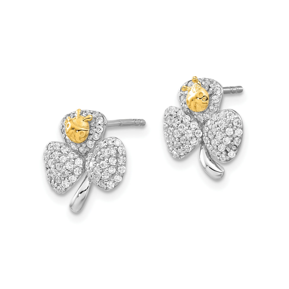Sterling Silver Clover Stud Earrings with Cubic Zirconia and Gold-Tone Ladybug Accent