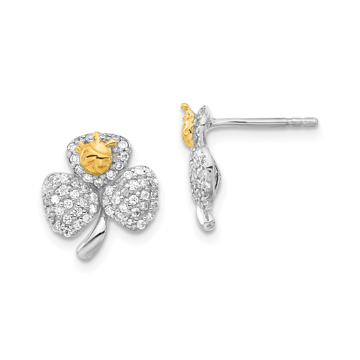 Sterling Silver Clover Stud Earrings with Cubic Zirconia and Gold-Tone Ladybug Accent