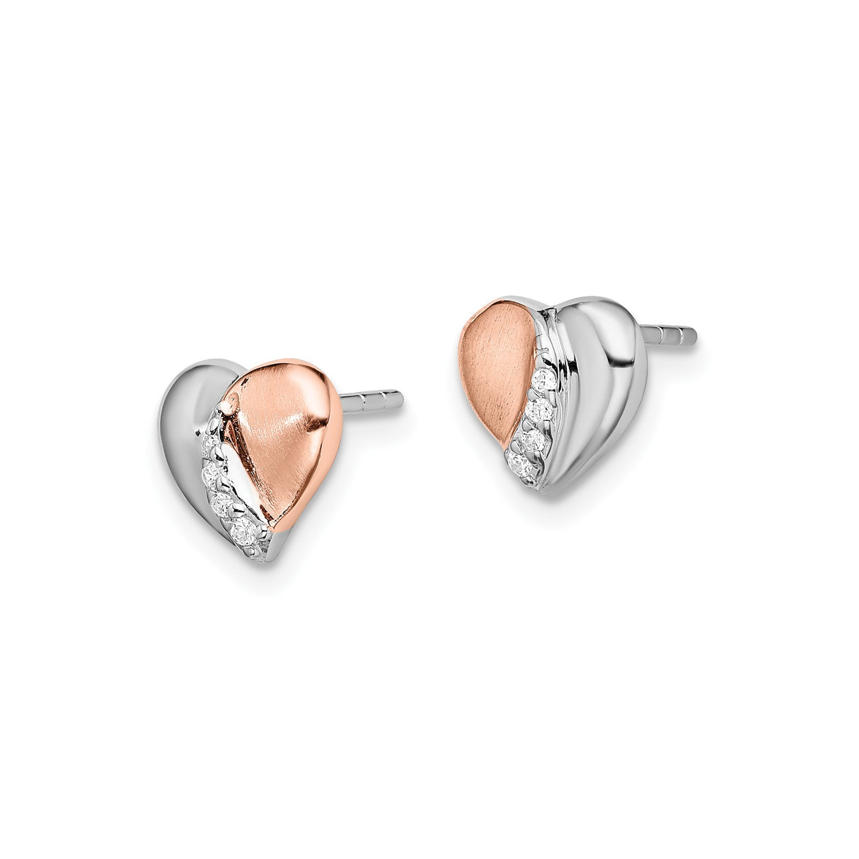 Sterling Silver Heart Stud Earrings with Cubic Zirconia and Rose Gold Tone Accent for Women