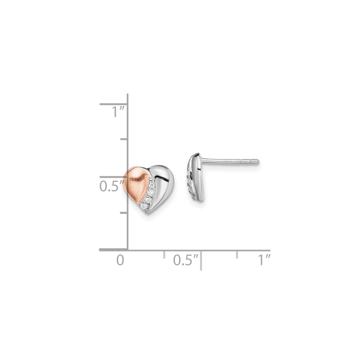 Sterling Silver Heart Stud Earrings with Cubic Zirconia and Rose Gold Tone Accent for Women