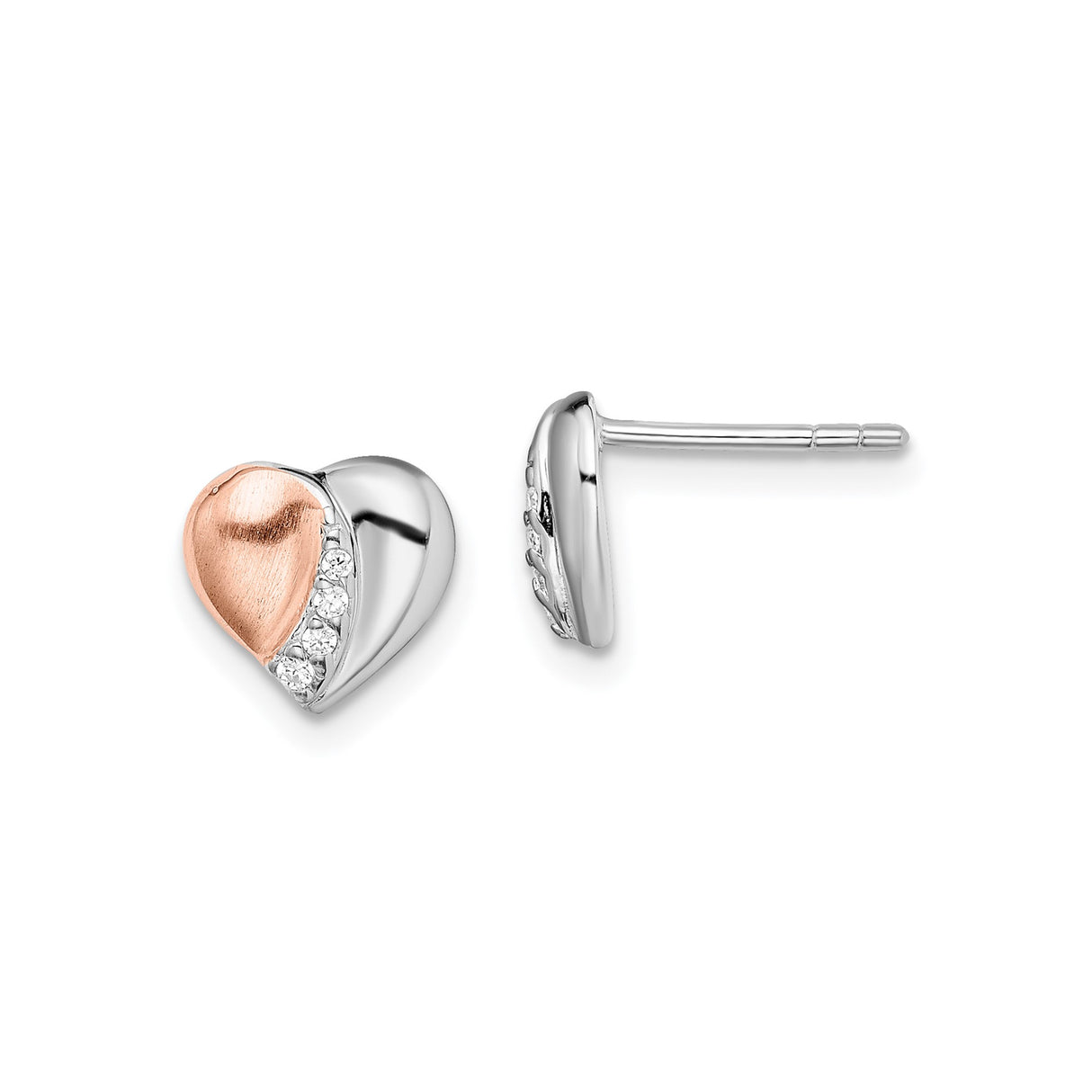 Sterling Silver Heart Stud Earrings with Cubic Zirconia and Rose Gold Tone Accent for Women