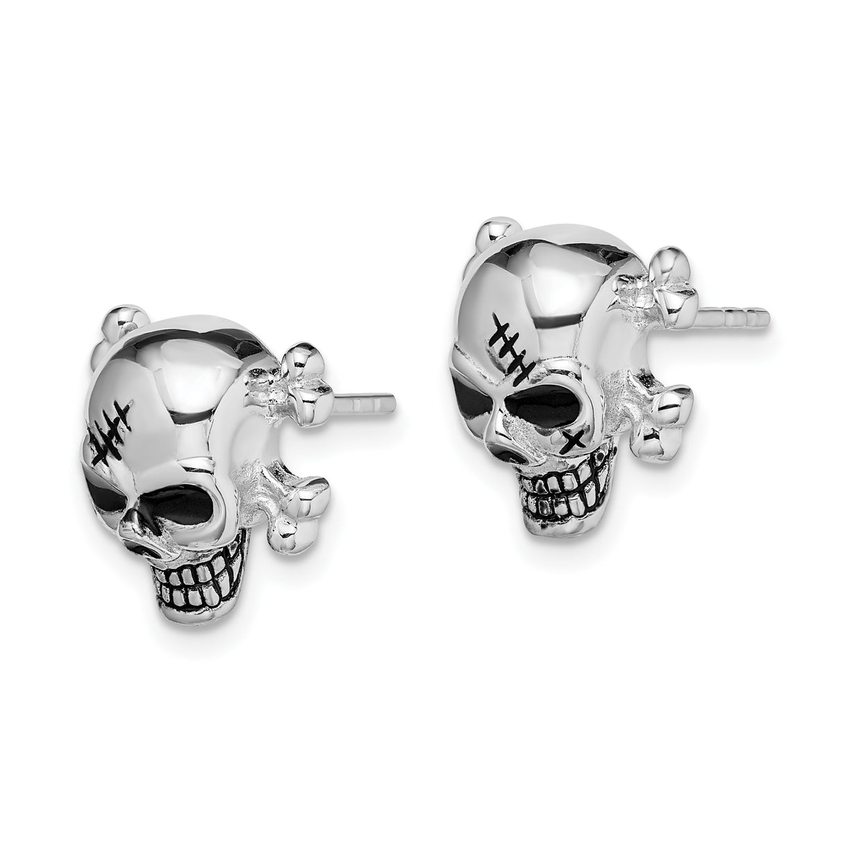 Sterling Silver Skull and Crossbones Stud Earrings with Black Accents and Scar Detail