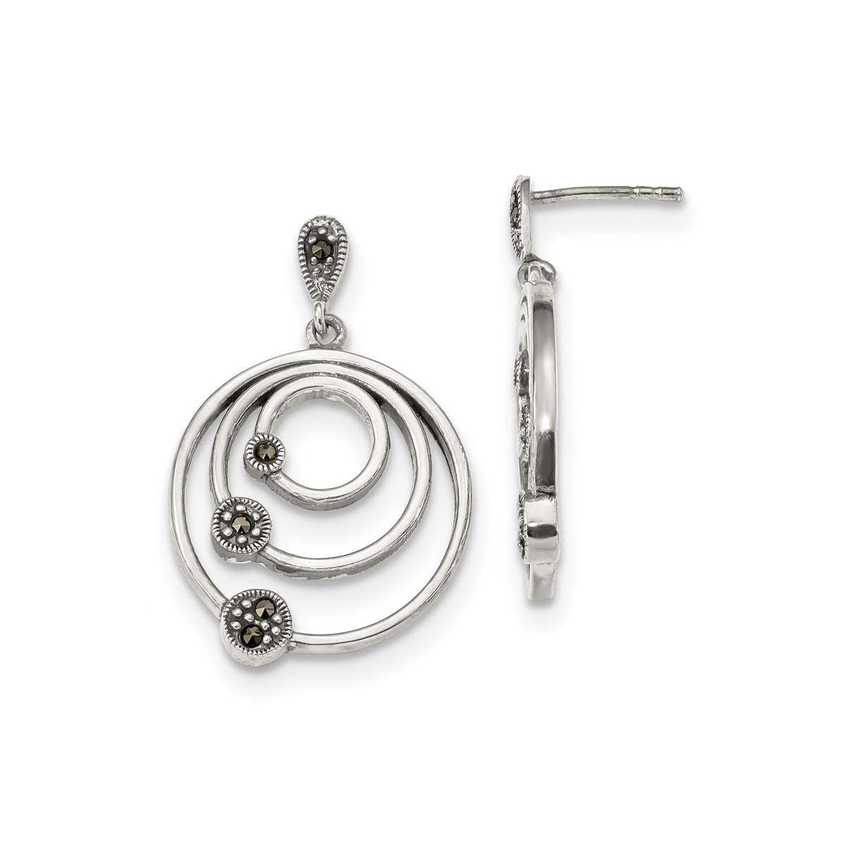 Sterling Silver Drop Earrings with Triple Spiral Circles and Marcasite Accents, Boho Geometric Design