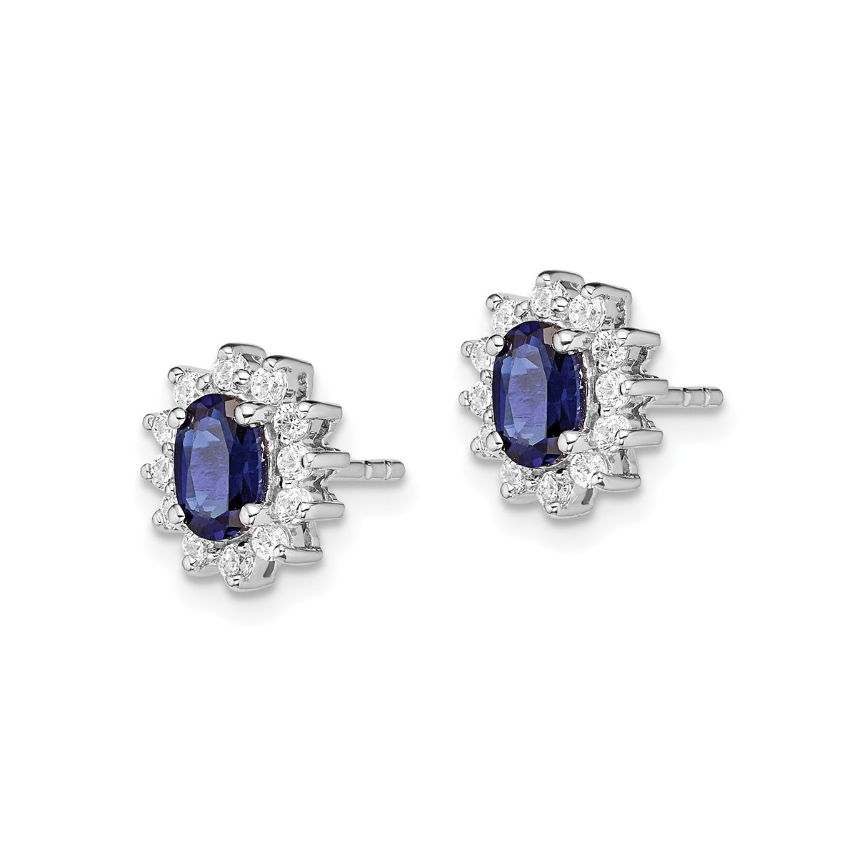 Sterling Silver Stud Earrings with Oval Cut Lab Created Sapphire and Cubic Zirconia Halo Cluster