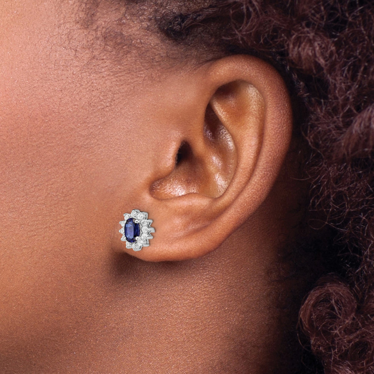 Sterling Silver Stud Earrings with Oval Cut Lab Created Sapphire and Cubic Zirconia Halo Cluster