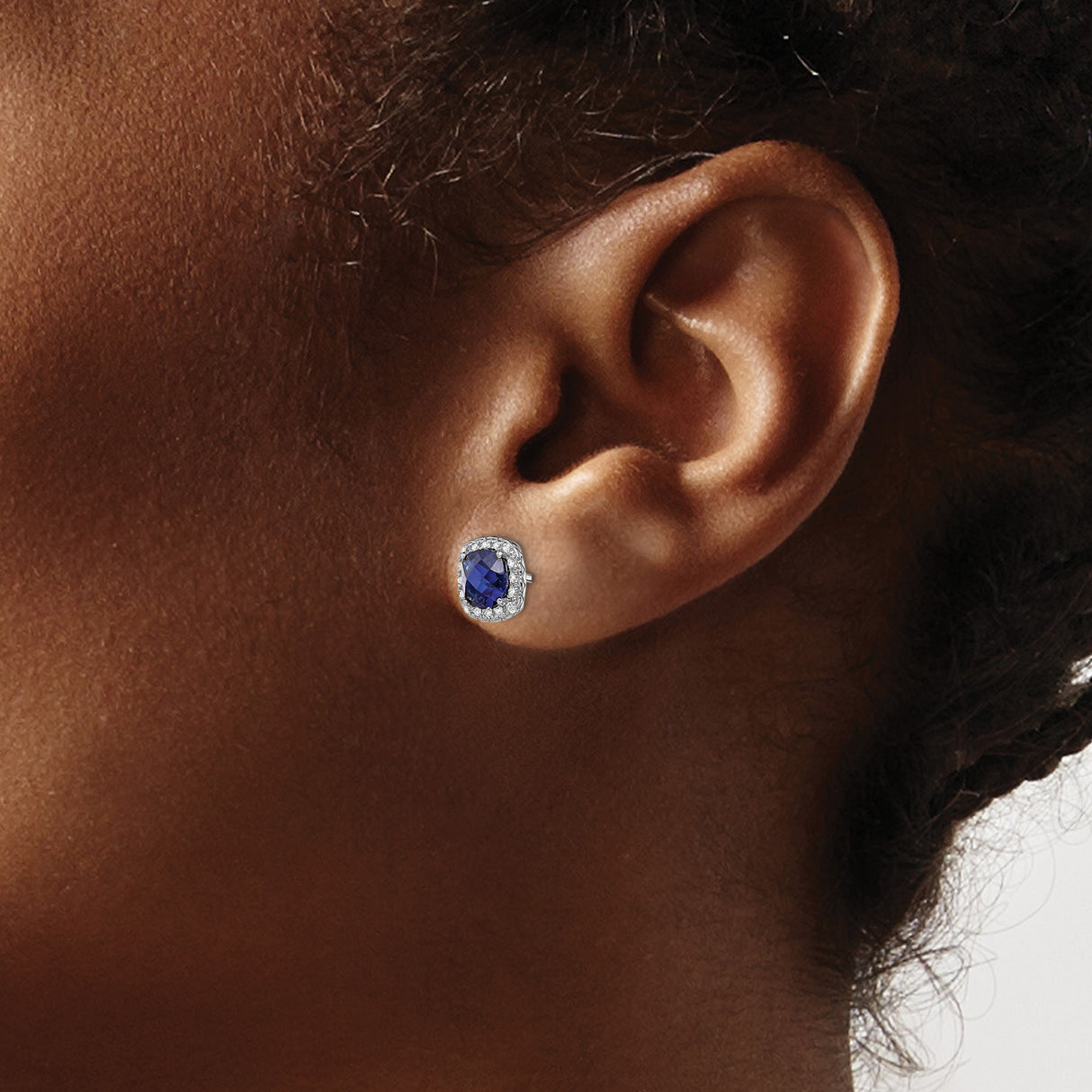 Sterling Silver Stud Earrings with Cushion Cut Created Blue Sapphires and Halo Design