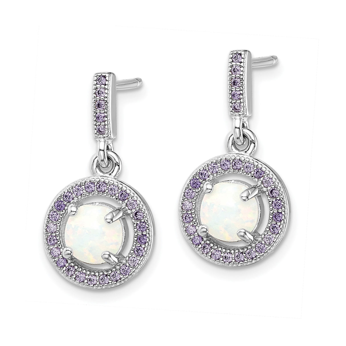Sterling Silver Dangle Earrings with Round Lab-Created Opal and Purple Cubic Zirconia Halo