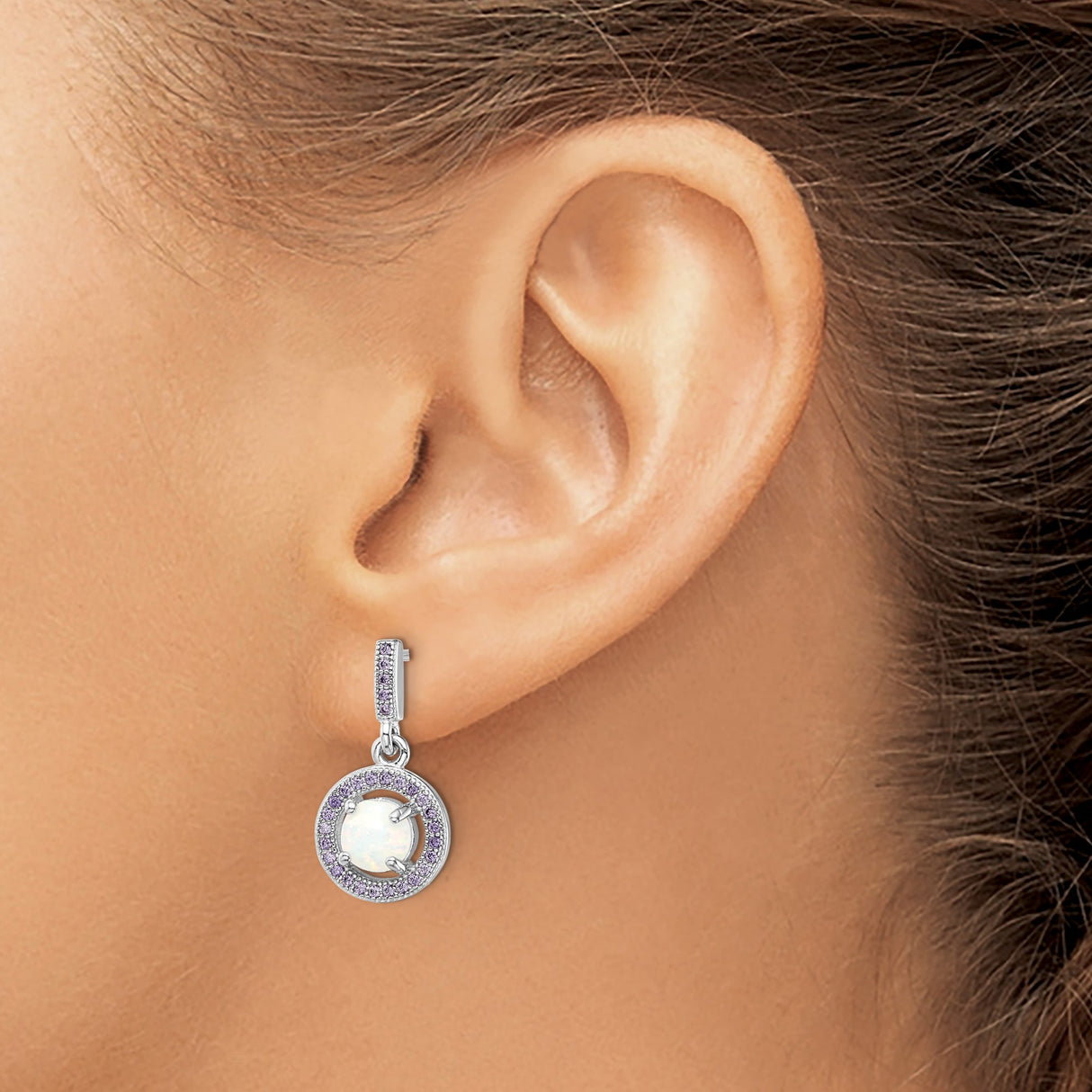 Sterling Silver Dangle Earrings with Round Lab-Created Opal and Purple Cubic Zirconia Halo