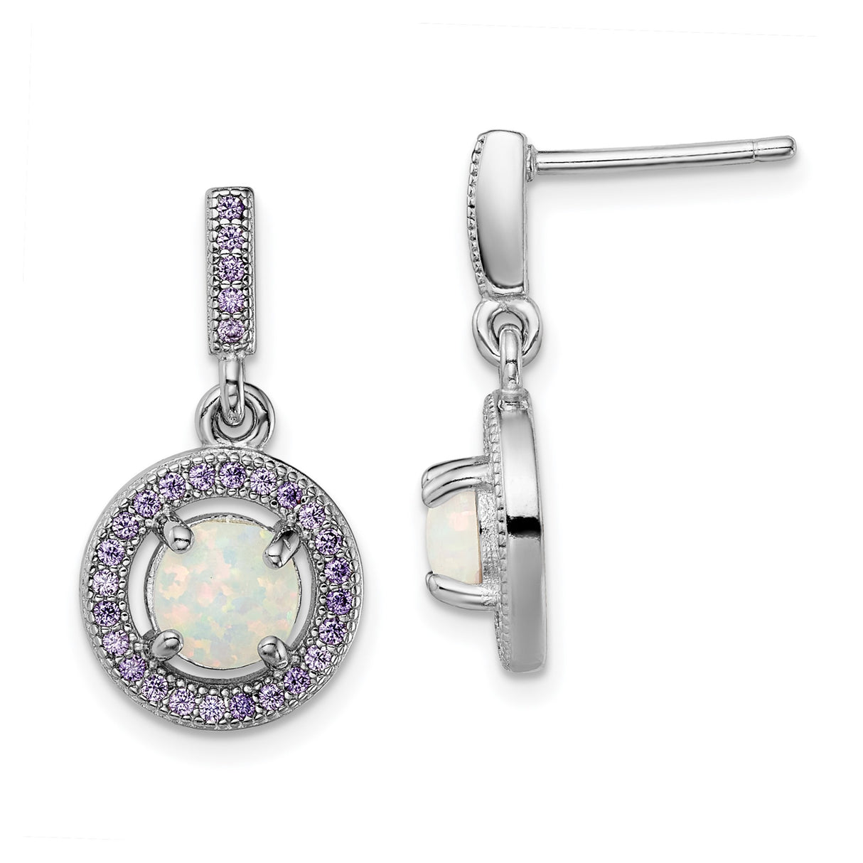 Sterling Silver Dangle Earrings with Round Lab-Created Opal and Purple Cubic Zirconia Halo