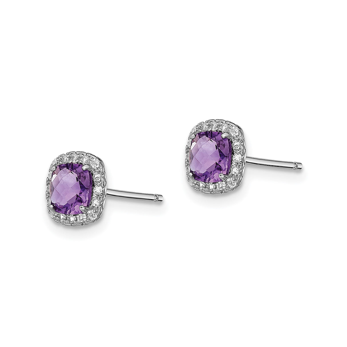 Sterling Silver Amethyst Stud Earrings with Cushion Cut Gemstone and Cubic Zirconia Accents