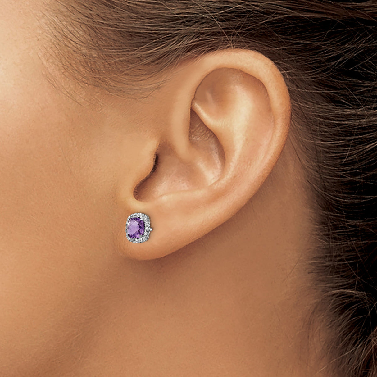 Sterling Silver Amethyst Stud Earrings with Cushion Cut Gemstone and Cubic Zirconia Accents