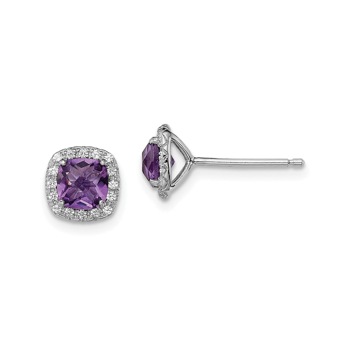 Sterling Silver Amethyst Stud Earrings with Cushion Cut Gemstone and Cubic Zirconia Accents