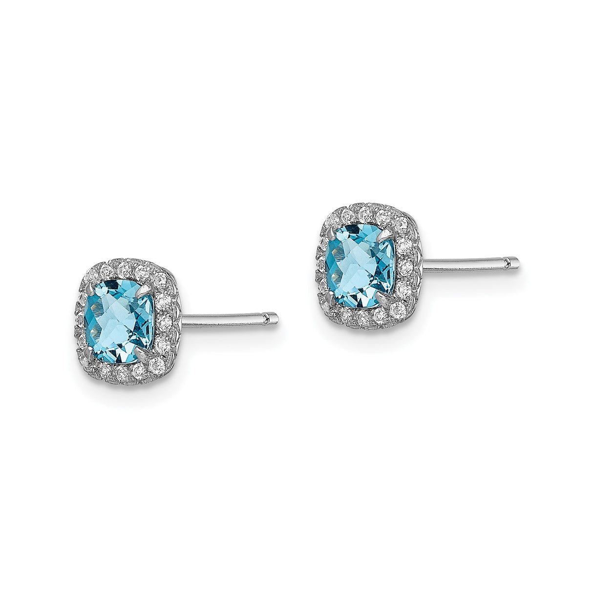 Sterling Silver Stud Earrings with Swiss Blue Topaz and Sapphire, Cushion Cut Halo Design