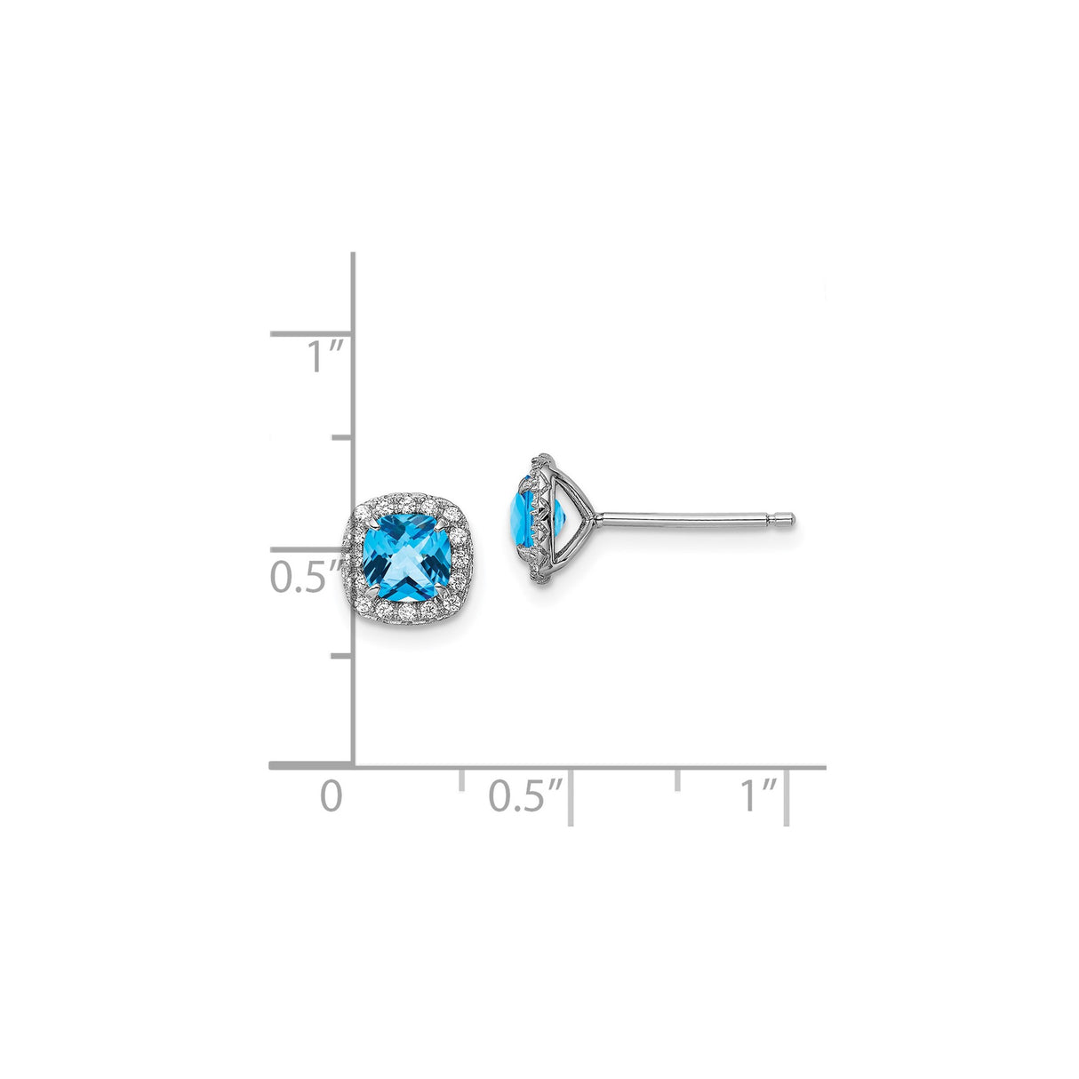Sterling Silver Stud Earrings with Swiss Blue Topaz and Sapphire, Cushion Cut Halo Design