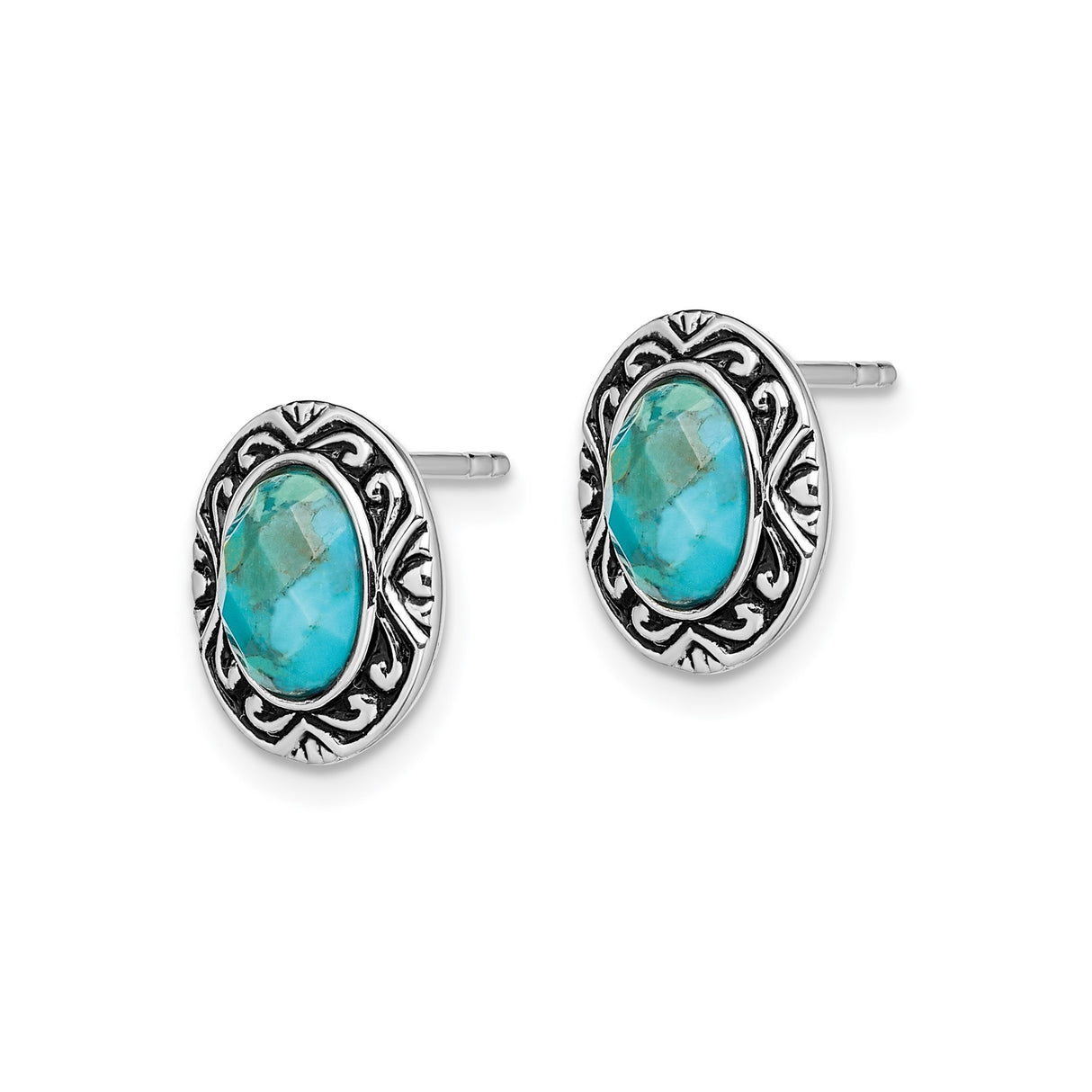 Sterling Silver Turquoise Stud Earrings with Oval Stones, Scrollwork Border, Boho Southwestern Style