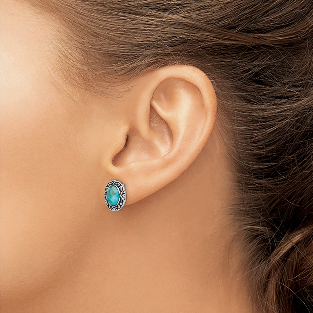 Sterling Silver Turquoise Stud Earrings with Oval Stones, Scrollwork Border, Boho Southwestern Style