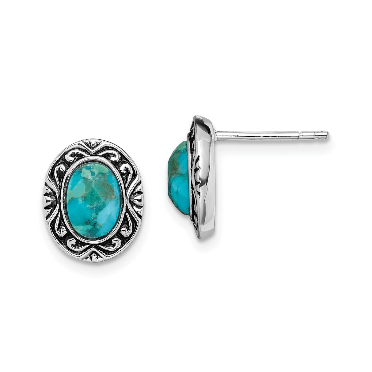 Sterling Silver Turquoise Stud Earrings with Oval Stones, Scrollwork Border, Boho Southwestern Style