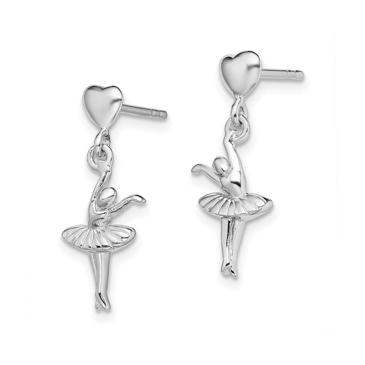 Sterling Silver Ballerina Dangle Earrings with Heart Studs, Ballet Dance Theme for Women or Girls