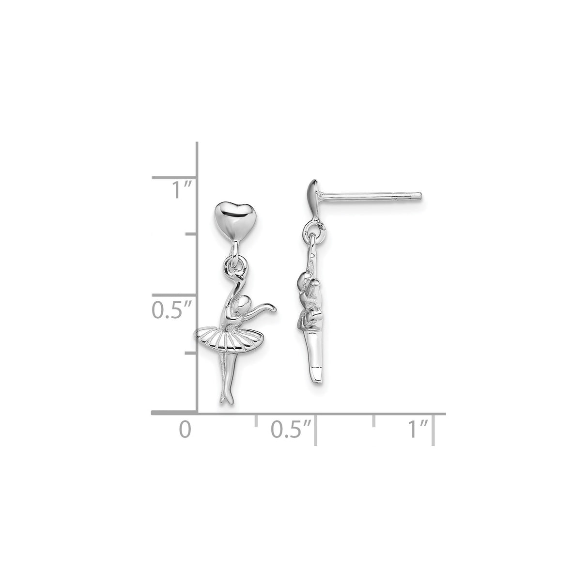 Sterling Silver Ballerina Dangle Earrings with Heart Studs, Ballet Dance Theme for Women or Girls