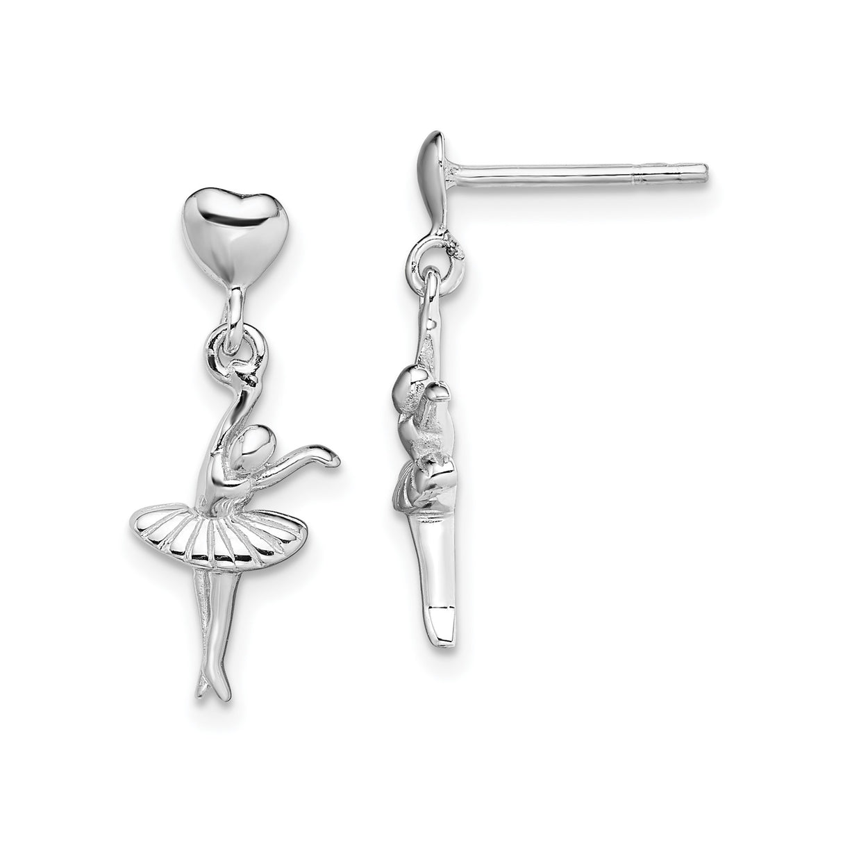 Sterling Silver Ballerina Dangle Earrings with Heart Studs, Ballet Dance Theme for Women or Girls