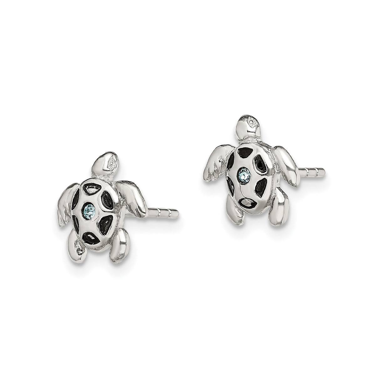 Sterling Silver Turtle Stud Earrings with Aquamarine Center and Black Shell Detail