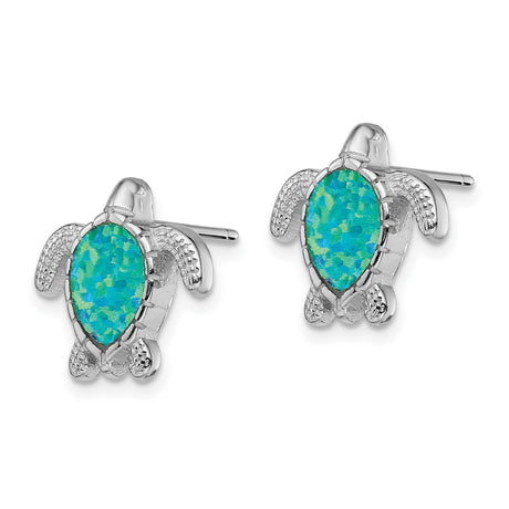 Sterling Silver Sea Turtle Stud Earrings with Created Opal Inlay, Nautical Theme Jewelry