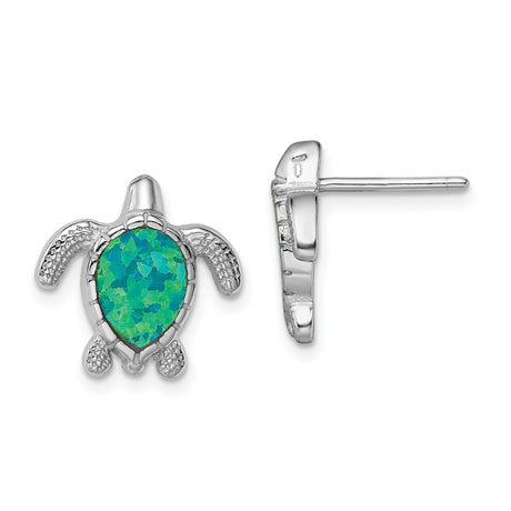 Sterling Silver Sea Turtle Stud Earrings with Created Opal Inlay, Nautical Theme Jewelry