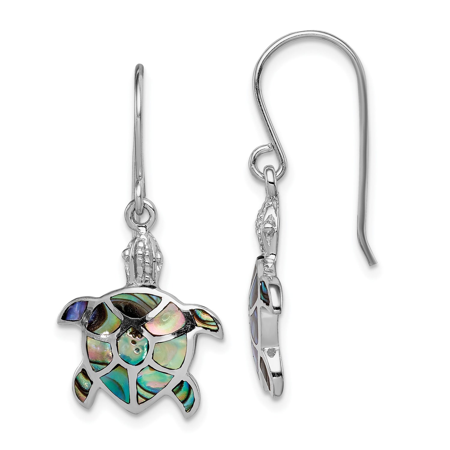 Sterling Silver Drop Earrings with Abalone Shell, Sea Turtle Dangle Design, Nautical Beach Style