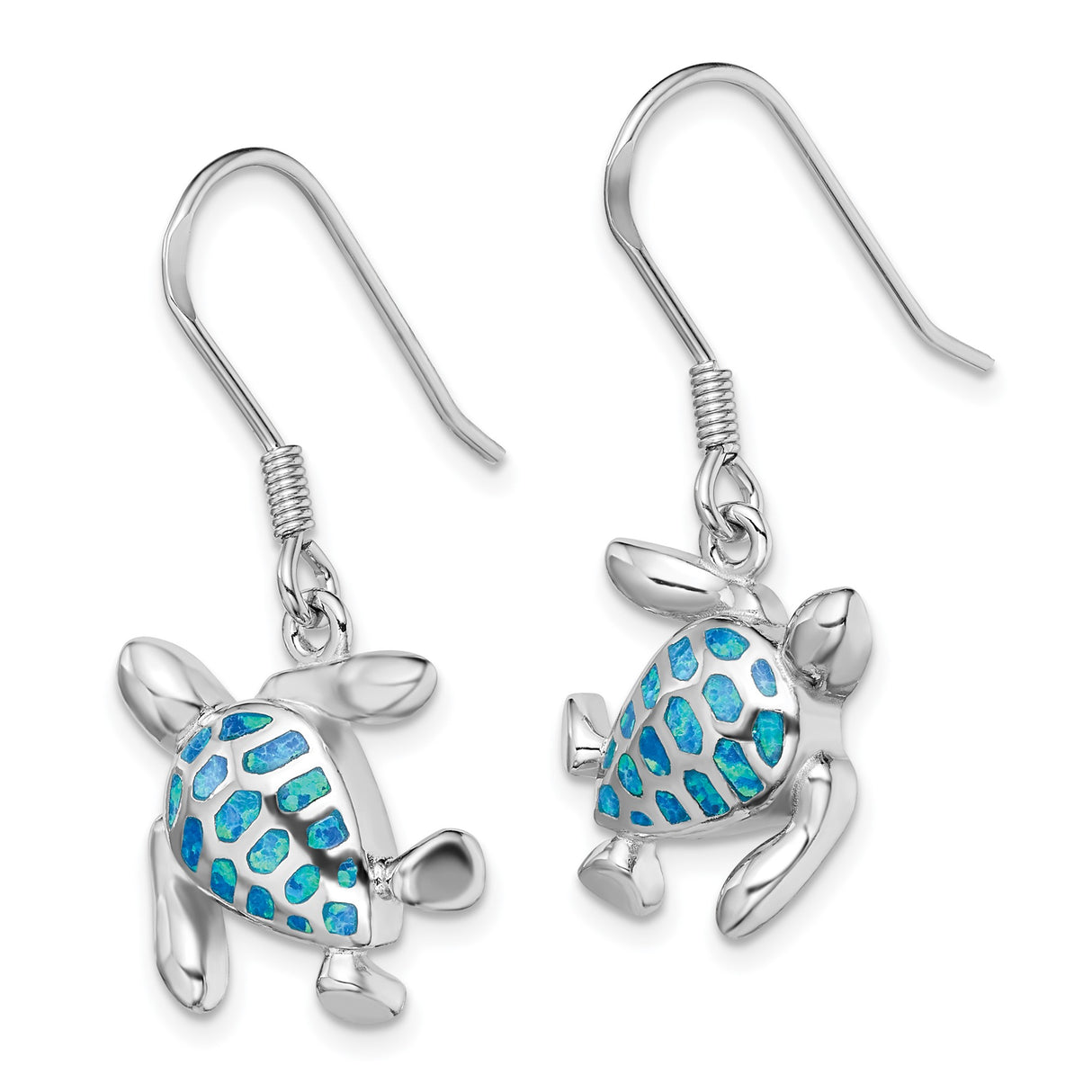Sterling Silver Turtle Drop Earrings with Created Opal and Blue Enamel, Ocean Theme Jewelry for Women