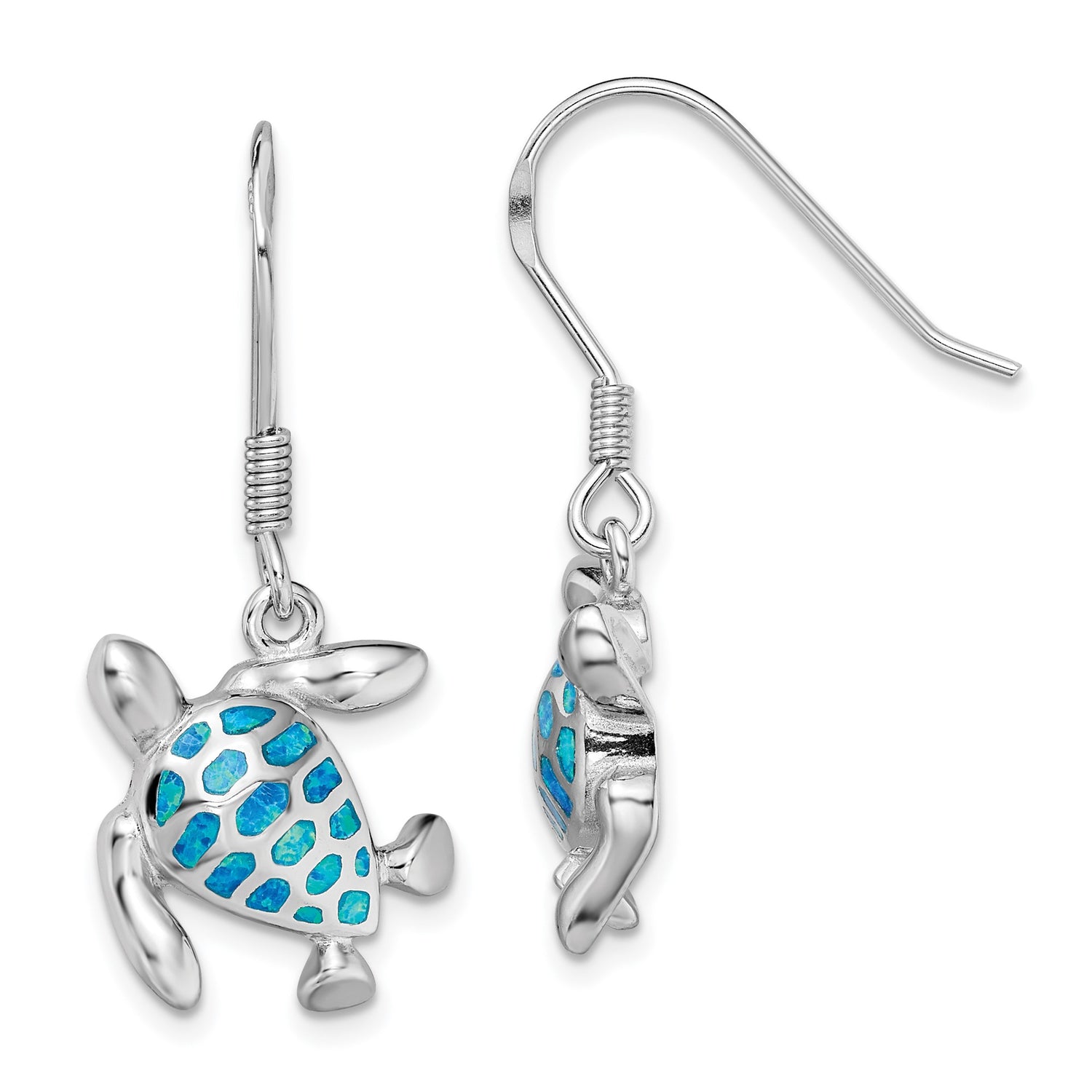 Sterling Silver Turtle Drop Earrings with Created Opal and Blue Enamel, Ocean Theme Jewelry for Women