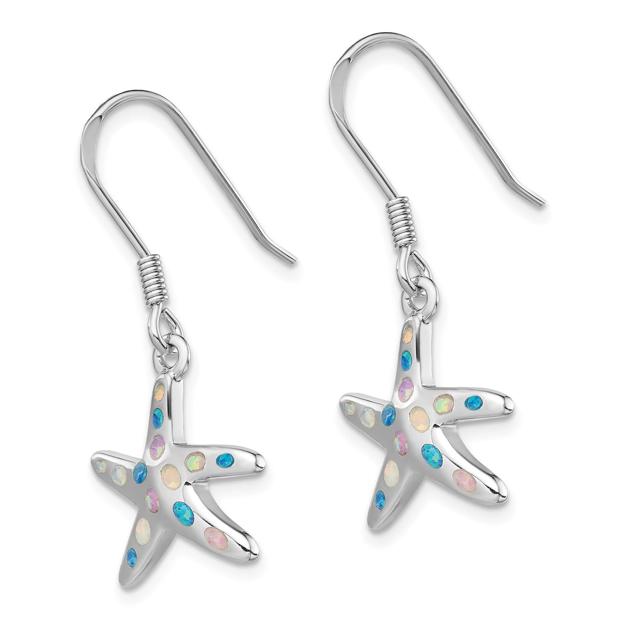 Sterling Silver Starfish Dangle Earrings with Created Opal, Nautical Beach Style
