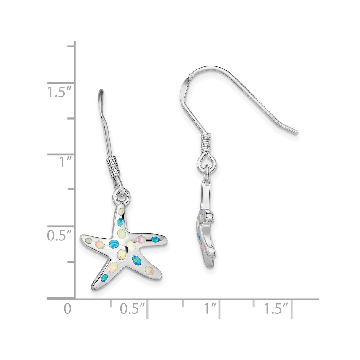 Sterling Silver Starfish Dangle Earrings with Created Opal, Nautical Beach Style