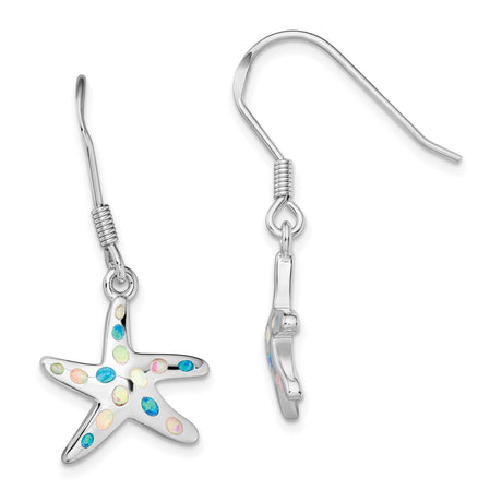 Sterling Silver Starfish Dangle Earrings with Created Opal, Nautical Beach Style