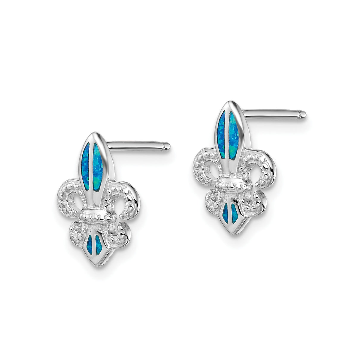 Sterling Silver Fleur-de-Lis Stud Earrings with Blue-Green Created Opal Inlay